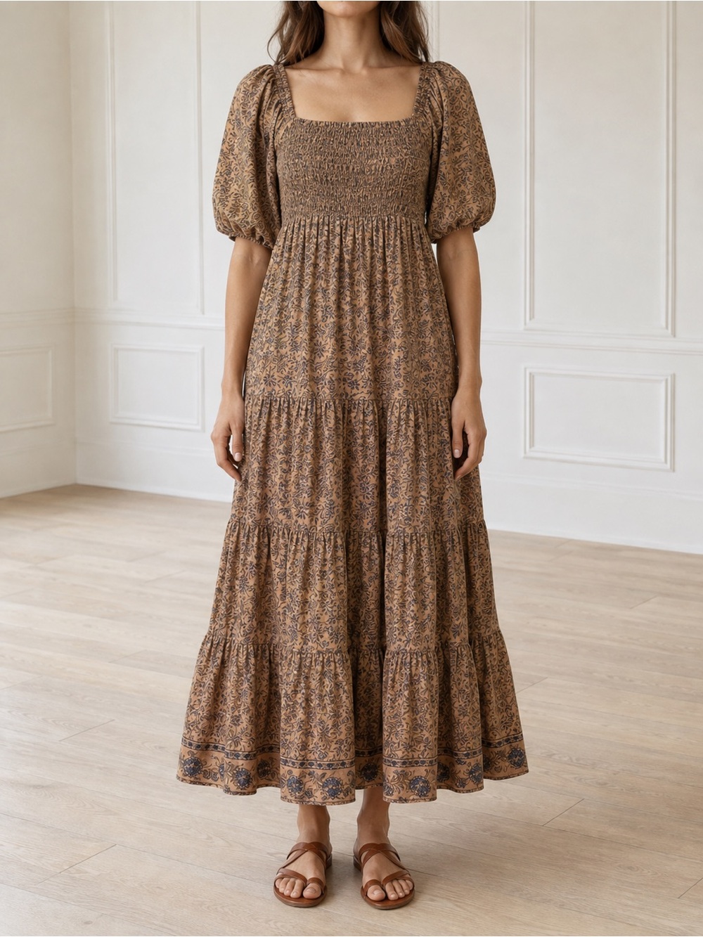 A Loves A Brown Floral Smocked Puff Sleeve Tiered Midi Dress Large Cottagecore